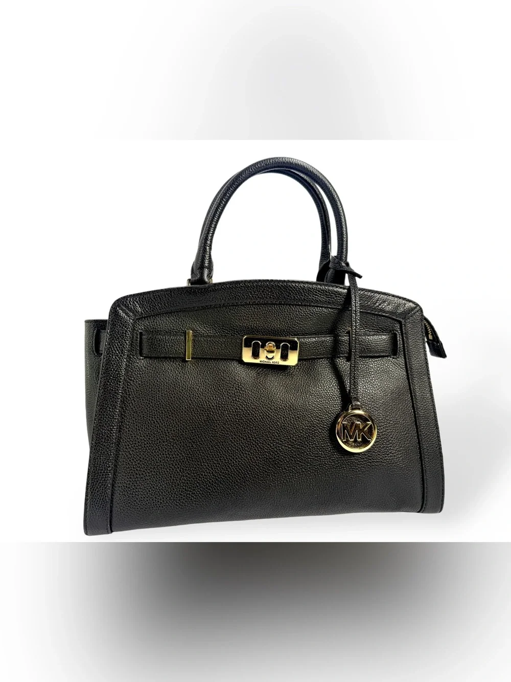 Michael Kors Black Pebbled Leather Satchel with Gold Accents